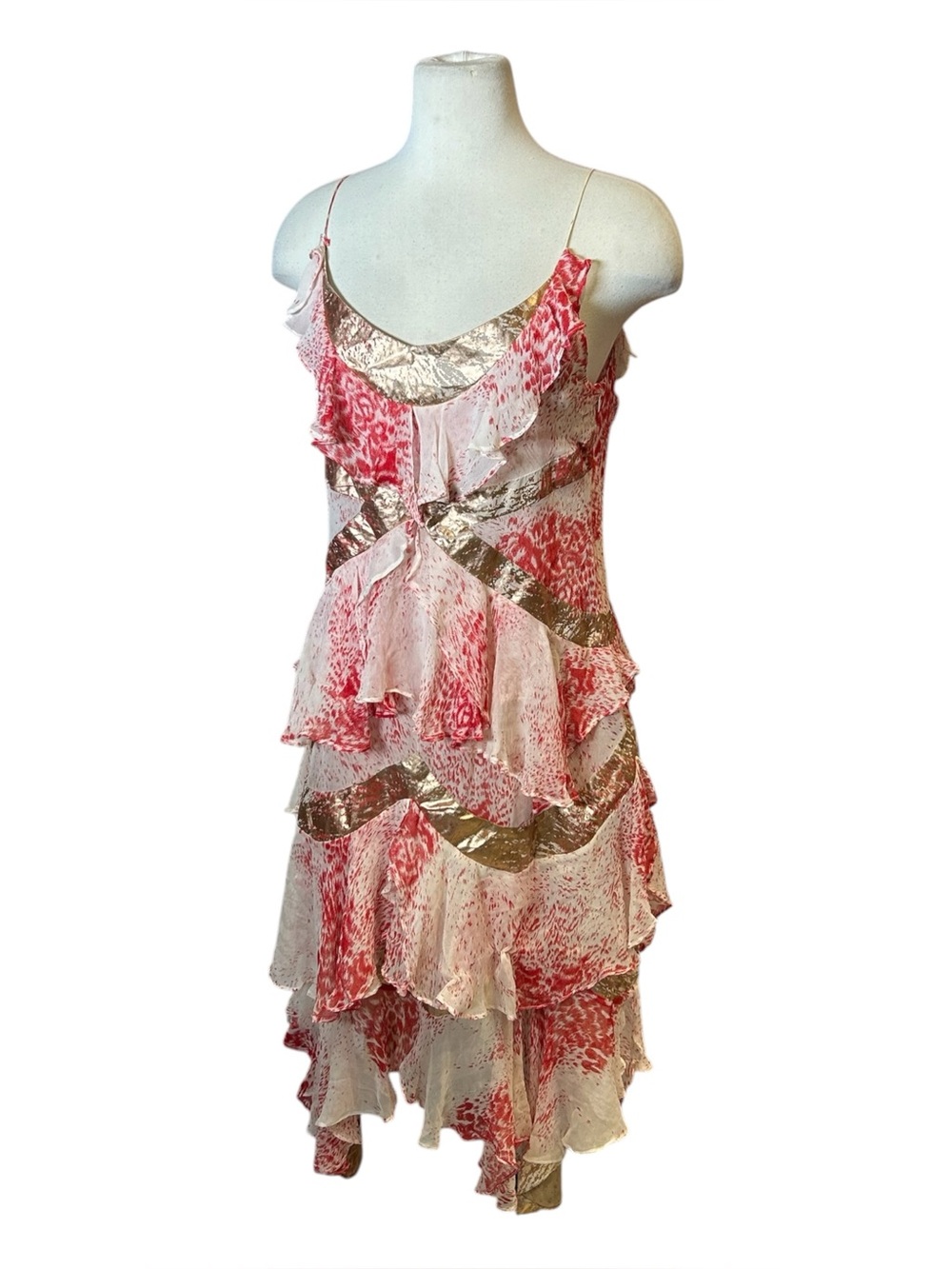 Y2K Sass & Bide Silk Gold Painted Ruffled Layered Midi Dress